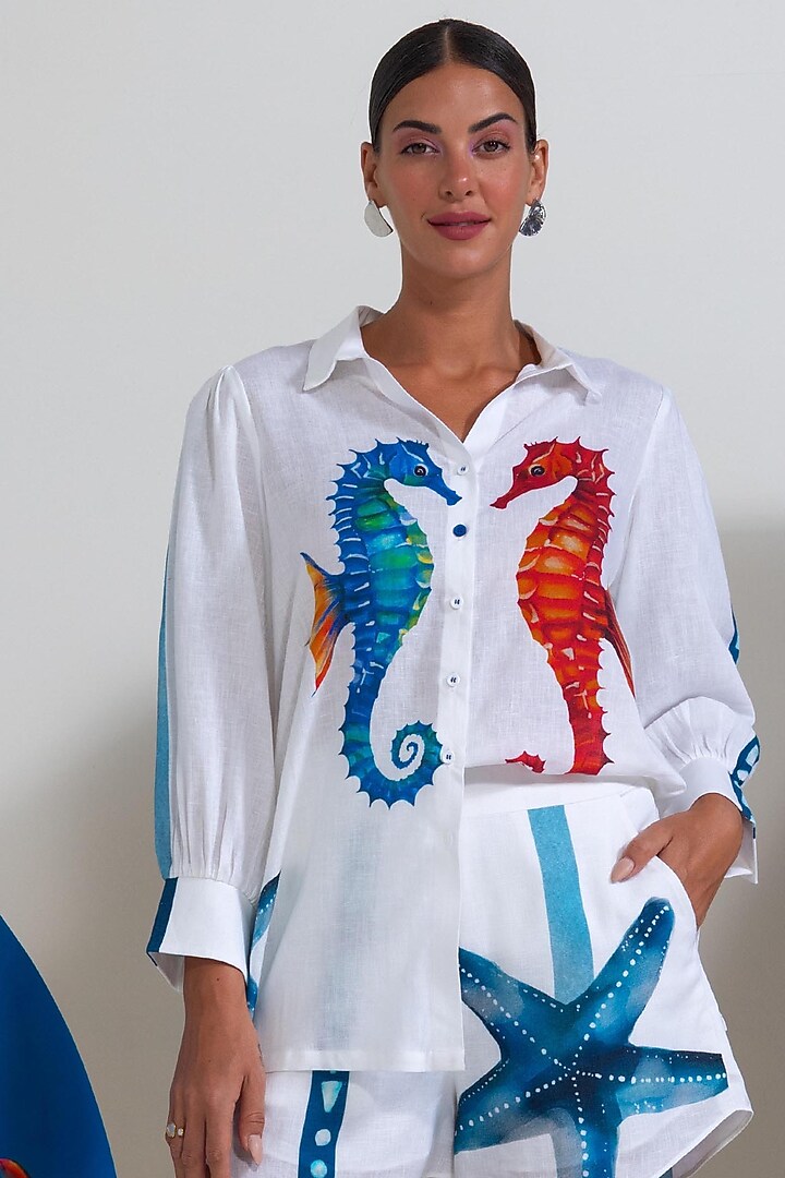 White Cotton Linen Printed Co-Ord Set by Nautanky By Nilesh Parashar at Pernia's Pop Up Shop