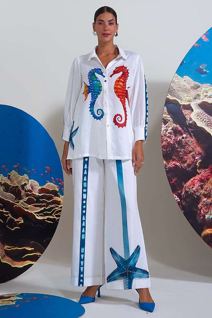 White Cotton Linen Printed Co-Ord Set by Nautanky By Nilesh Parashar at Pernia's Pop Up Shop