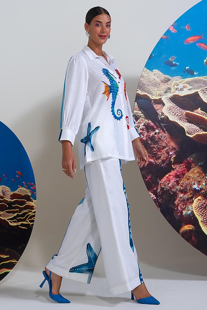 White Cotton Linen Printed Co-Ord Set by Nautanky By Nilesh Parashar at Pernia's Pop Up Shop