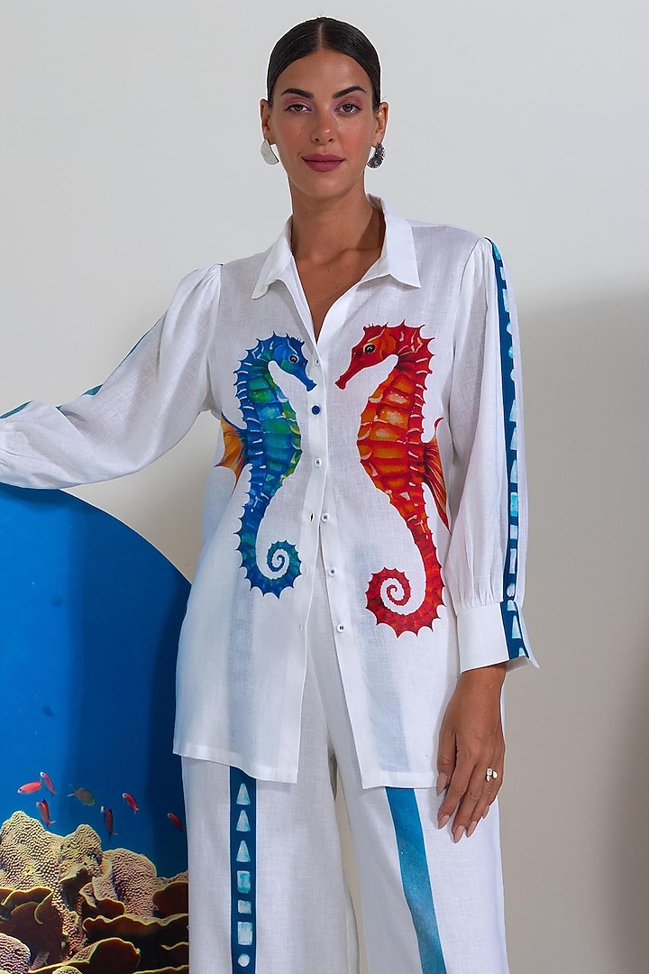 White Cotton Linen Printed Co-Ord Set by Nautanky By Nilesh Parashar at Pernia's Pop Up Shop