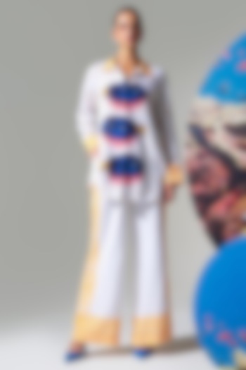 White & Yellow Cotton Linen Fish Printed Co-Ord Set by Nautanky By Nilesh Parashar at Pernia's Pop Up Shop