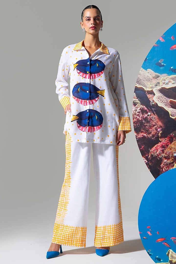 White & Yellow Cotton Linen Fish Printed Co-Ord Set by Nautanky By Nilesh Parashar at Pernia's Pop Up Shop