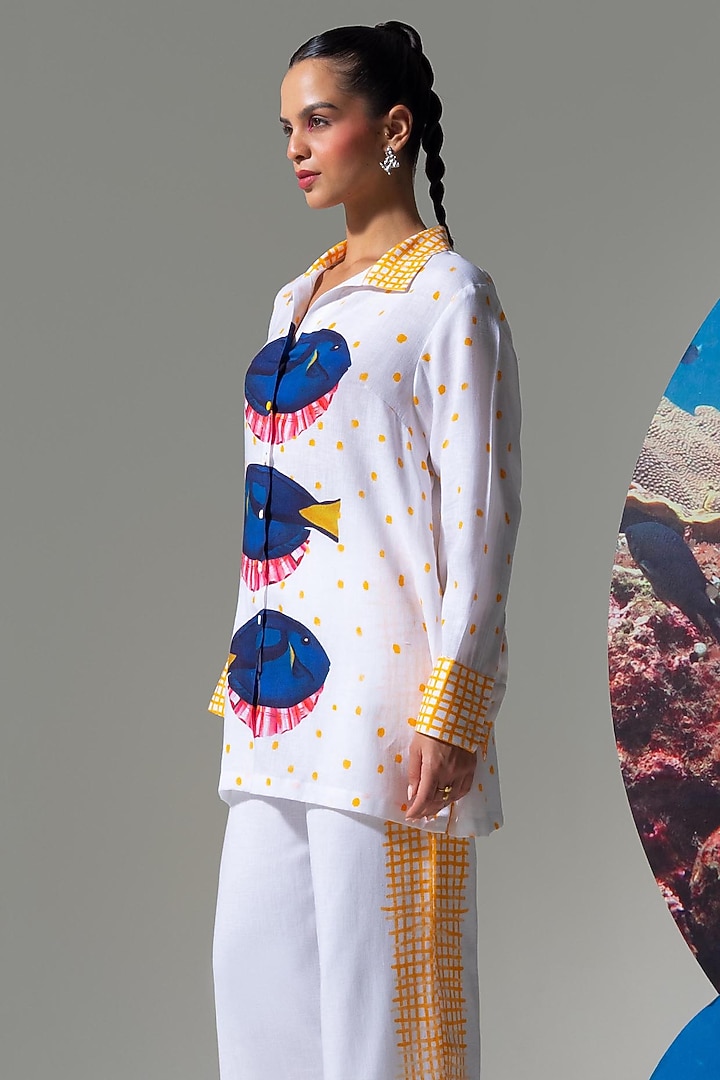 White & Yellow Cotton Linen Fish Printed Co-Ord Set by Nautanky By Nilesh Parashar at Pernia's Pop Up Shop