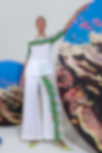 White & Green Cotton Linen Printed Co-Ord Set by Nautanky By Nilesh Parashar at Pernia's Pop Up Shop