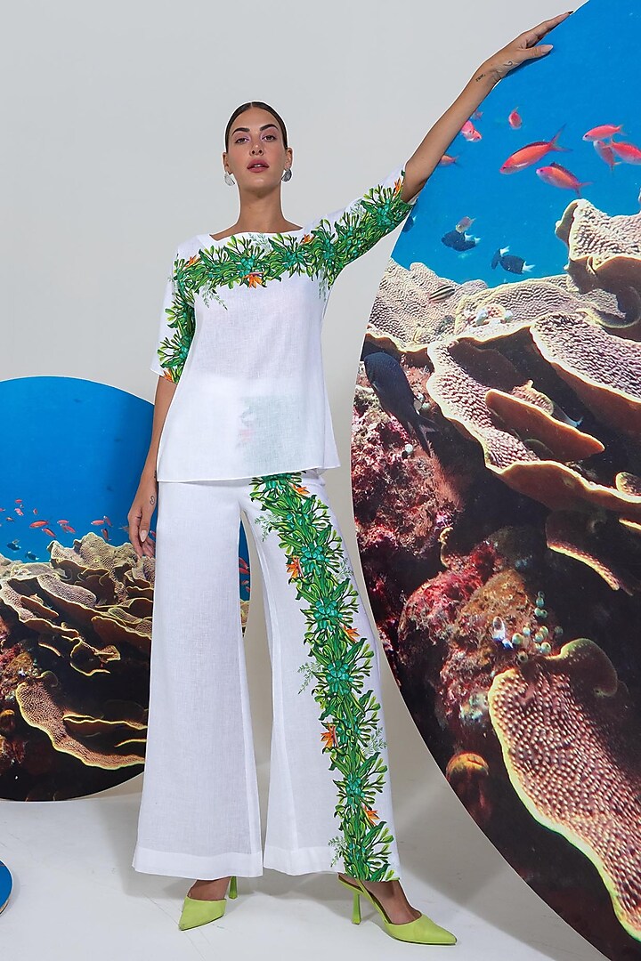 White & Green Cotton Linen Printed Co-Ord Set by Nautanky By Nilesh Parashar at Pernia's Pop Up Shop