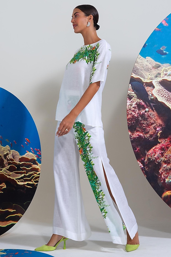 White & Green Cotton Linen Printed Co-Ord Set by Nautanky By Nilesh Parashar at Pernia's Pop Up Shop