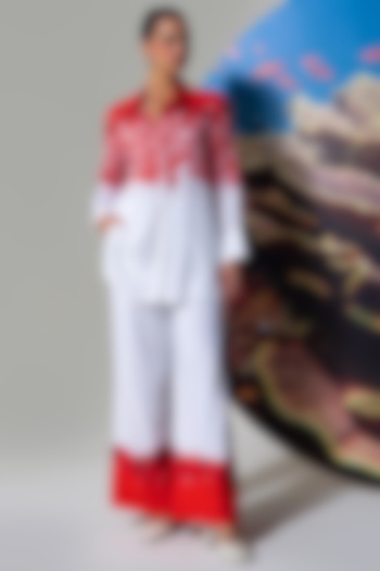 White & Red Cotton Linen Coral Printed Co-Ord Set by Nautanky By Nilesh Parashar at Pernia's Pop Up Shop