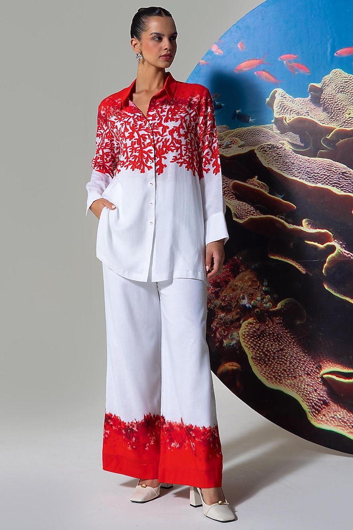 White & Red Cotton Linen Coral Printed Co-Ord Set by Nautanky By Nilesh Parashar at Pernia's Pop Up Shop
