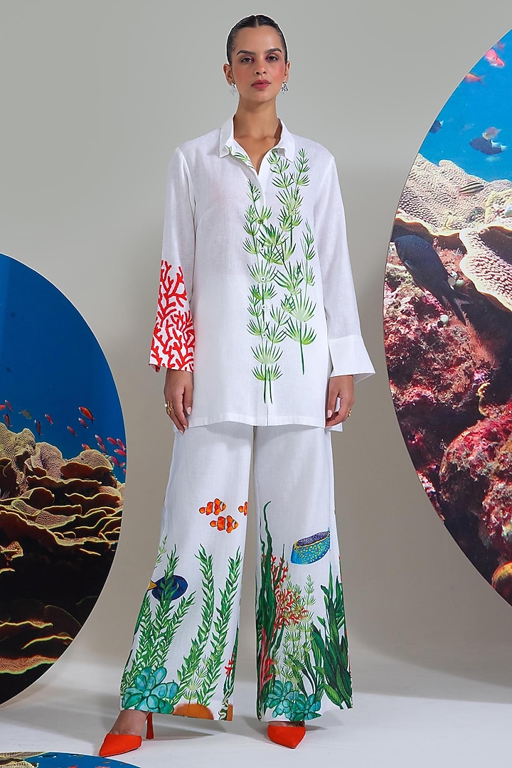White Cotton Linen Fish Printed Co-Ord Set by Nautanky By Nilesh Parashar at Pernia's Pop Up Shop