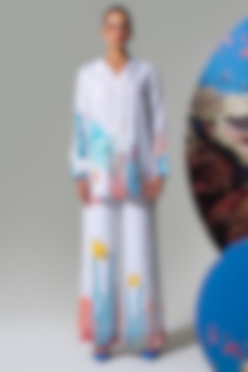 White Cotton Linen Coral Printed Co-Ord Set by Nautanky By Nilesh Parashar at Pernia's Pop Up Shop