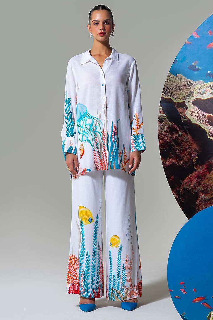 White Cotton Linen Coral Printed Co-Ord Set by Nautanky By Nilesh Parashar at Pernia's Pop Up Shop