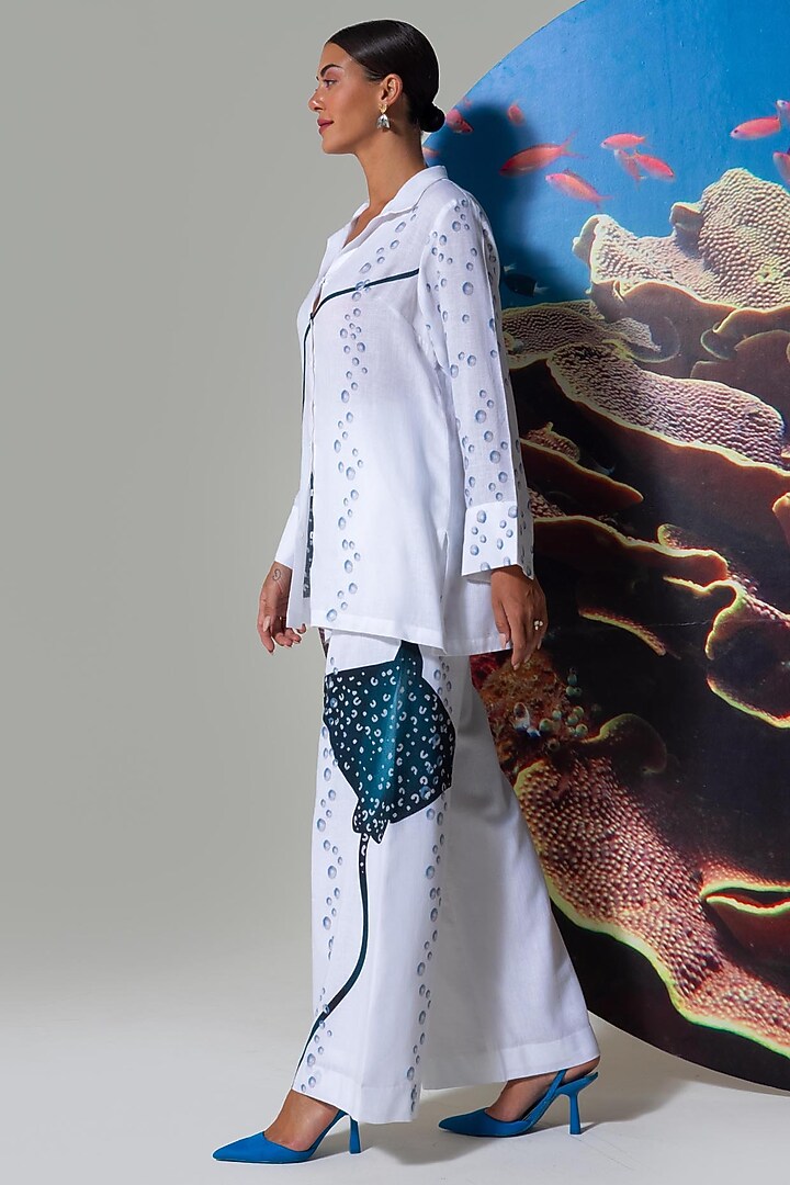 White Cotton Linen Fish Printed Co-Ord Set by Nautanky By Nilesh Parashar at Pernia's Pop Up Shop