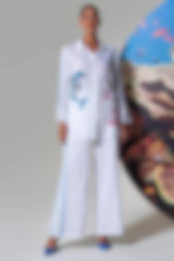 White Cotton Linen Fish Printed Co-Ord Set by Nautanky By Nilesh Parashar at Pernia's Pop Up Shop