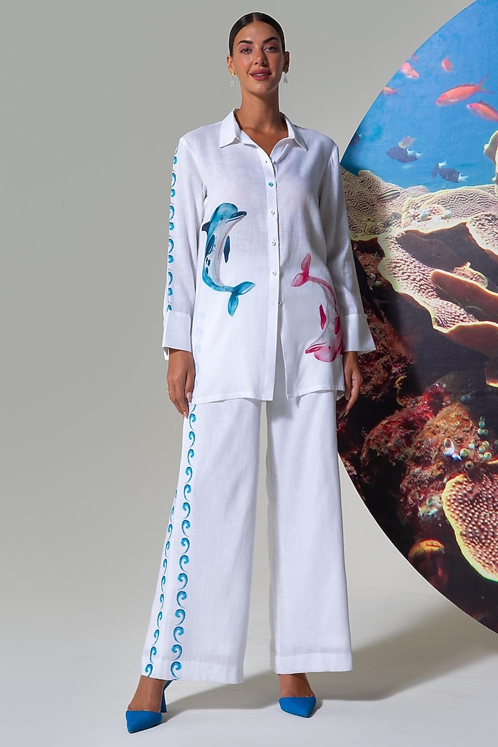 White Cotton Linen Fish Printed Co-Ord Set by Nautanky By Nilesh Parashar at Pernia's Pop Up Shop