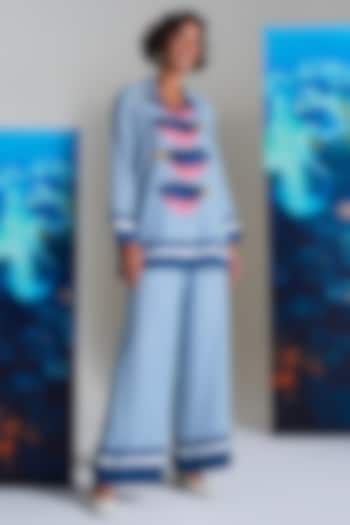 Blue Cotton Linen Fish Printed Co-Ord Set by Nautanky By Nilesh Parashar at Pernia's Pop Up Shop