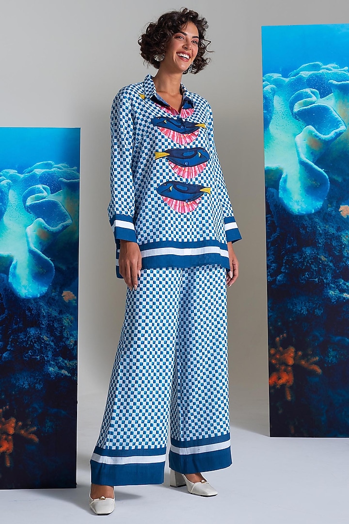 Blue Cotton Linen Fish Printed Co-Ord Set by Nautanky By Nilesh Parashar at Pernia's Pop Up Shop