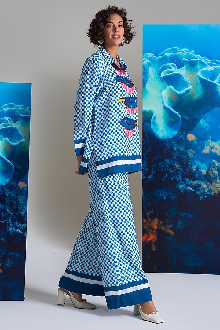 Blue Cotton Linen Fish Printed Co-Ord Set by Nautanky By Nilesh Parashar at Pernia's Pop Up Shop