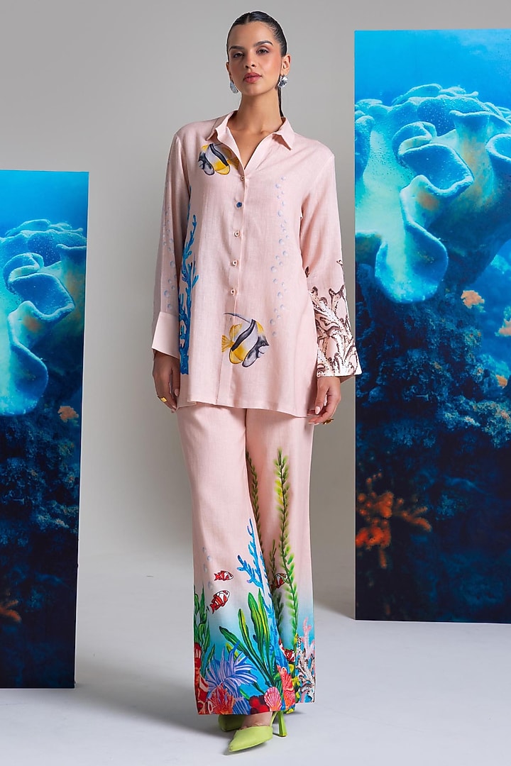 Pink Cotton Linen Fish Printed Co-Ord Set by Nautanky By Nilesh Parashar at Pernia's Pop Up Shop