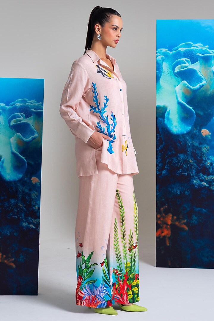 Pink Cotton Linen Fish Printed Co-Ord Set by Nautanky By Nilesh Parashar at Pernia's Pop Up Shop