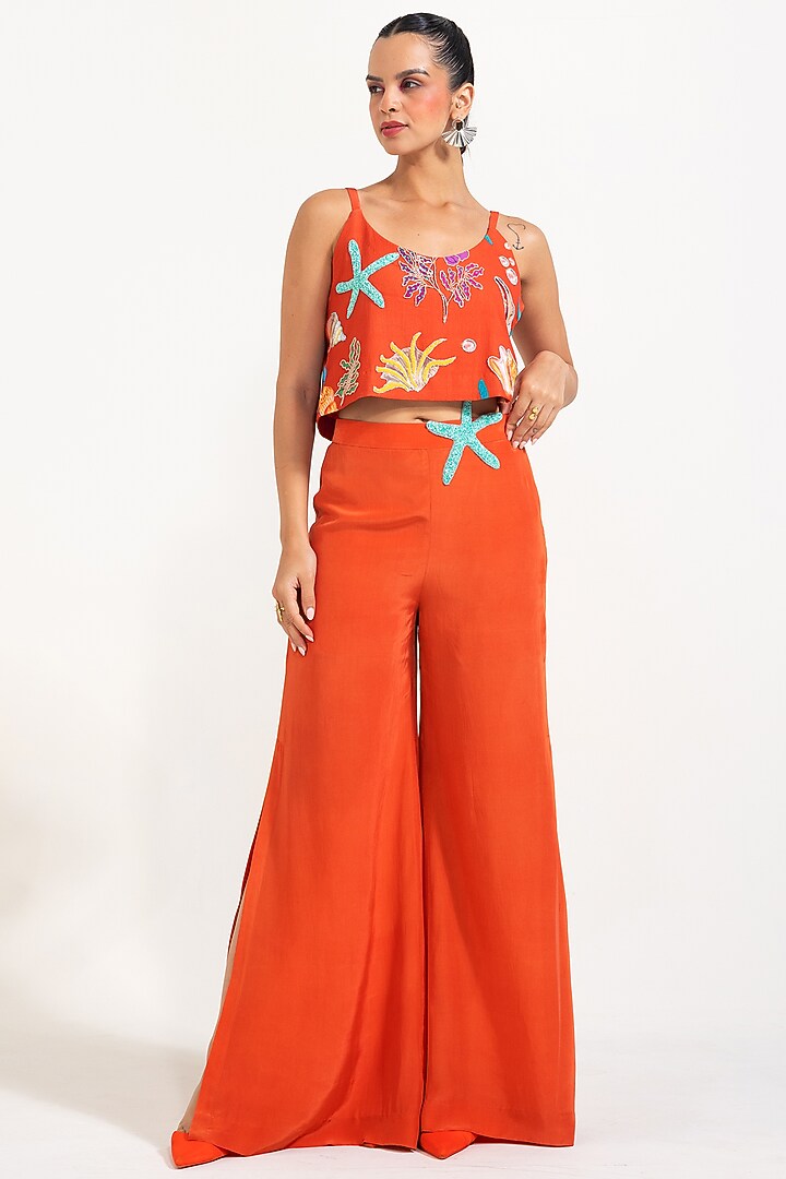 Orange Crepe Hand Embroidered Co-Ord Set by Nautanky By Nilesh Parashar at Pernia's Pop Up Shop