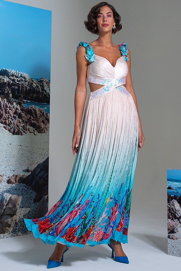 White Chiffon A-line Maxi Vacation Dress by Nautanky By Nilesh Parashar at Pernia's Pop Up Shop
