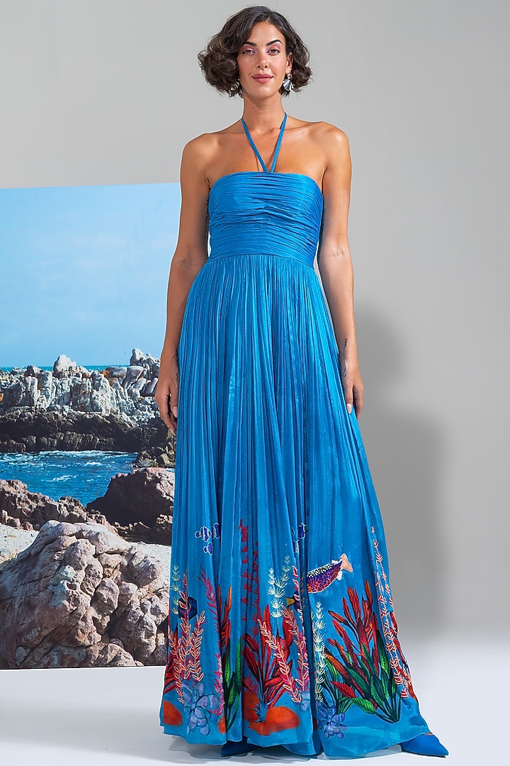 Blue Chiffon Tie-Up Maxi Vacation Dress by Nautanky By Nilesh Parashar at Pernia's Pop Up Shop