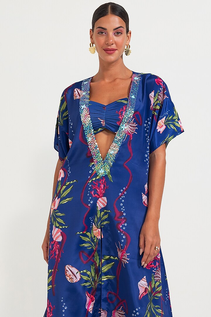 Blue Crepe Embroidered Kaftan With Bustier by Nautanky By Nilesh Parashar at Pernia's Pop Up Shop