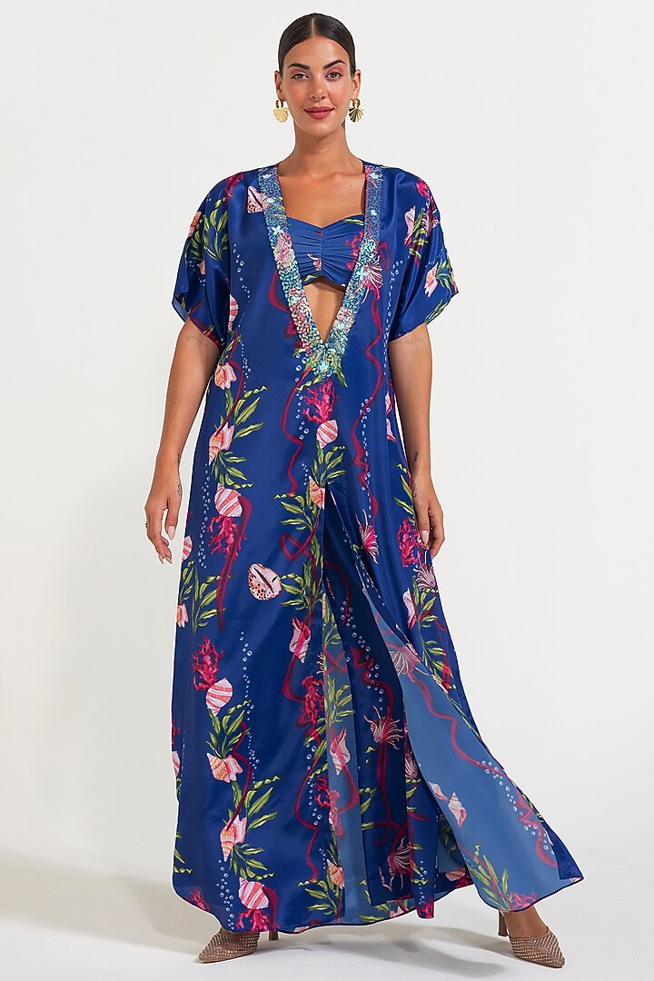 Blue Crepe Embroidered Kaftan With Bustier by Nautanky By Nilesh Parashar at Pernia's Pop Up Shop
