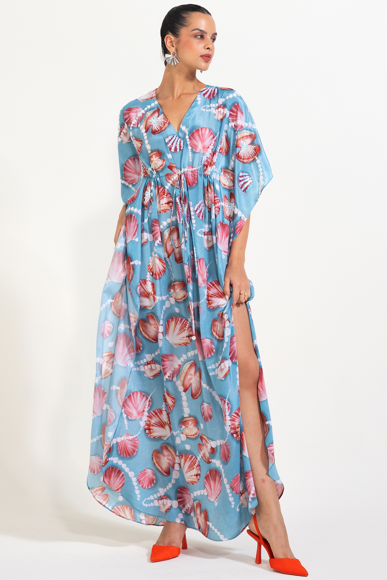 Nautanky By Nilesh Parashar Blue Crepe Pearl Embroidered Tie-Up Kaftan