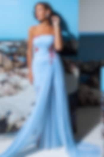 Blue Cotton Linen & Net Embroidered Trail Party Wear Dress by Nautanky By Nilesh Parashar at Pernia's Pop Up Shop