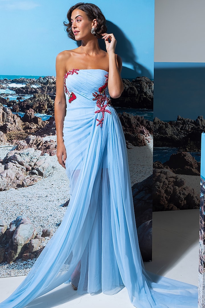 Blue Cotton Linen & Net Embroidered Trail Party Wear Dress by Nautanky By Nilesh Parashar at Pernia's Pop Up Shop