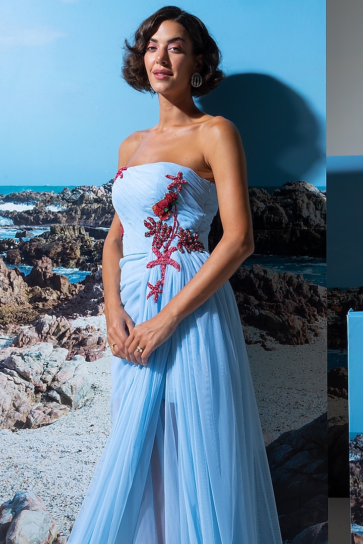 Blue Cotton Linen & Net Embroidered Trail Party Wear Dress by Nautanky By Nilesh Parashar at Pernia's Pop Up Shop