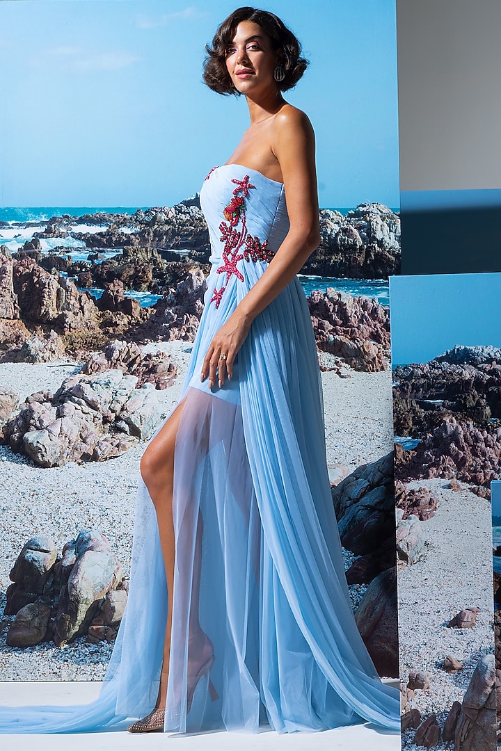 Blue Cotton Linen & Net Embroidered Trail Party Wear Dress by Nautanky By Nilesh Parashar at Pernia's Pop Up Shop
