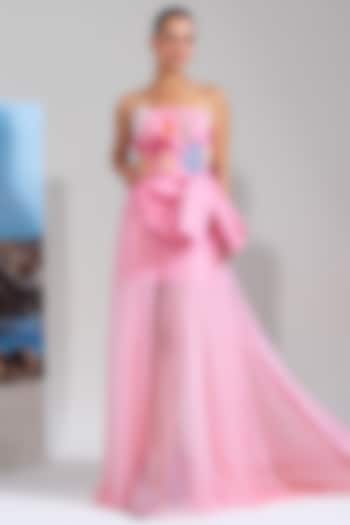 Pink Cotton Linen & Net Embroidered Trail Party Wear Dress by Nautanky By Nilesh Parashar at Pernia's Pop Up Shop