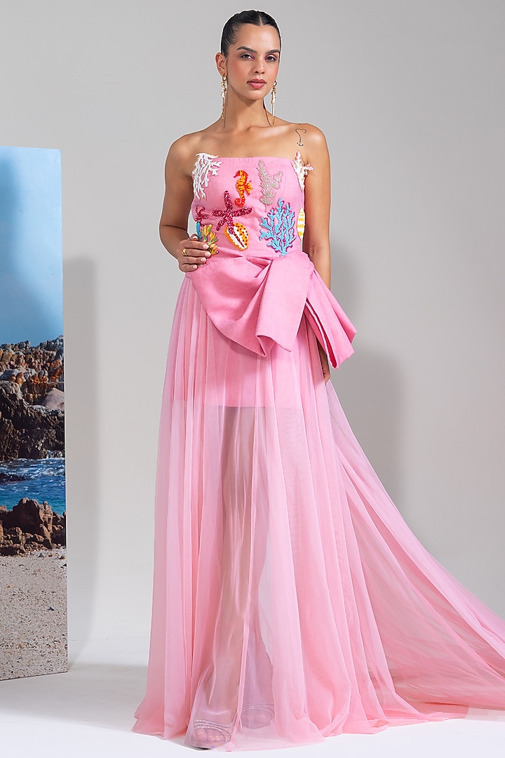 Pink Cotton Linen & Net Embroidered Trail Party Wear Dress by Nautanky By Nilesh Parashar at Pernia's Pop Up Shop