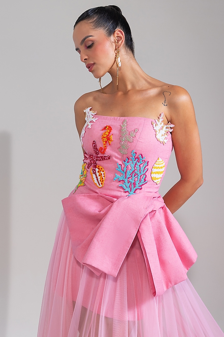 Pink Cotton Linen & Net Embroidered Trail Party Wear Dress by Nautanky By Nilesh Parashar at Pernia's Pop Up Shop