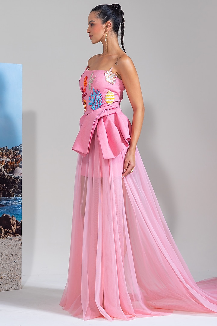 Pink Cotton Linen & Net Embroidered Trail Party Wear Dress by Nautanky By Nilesh Parashar at Pernia's Pop Up Shop