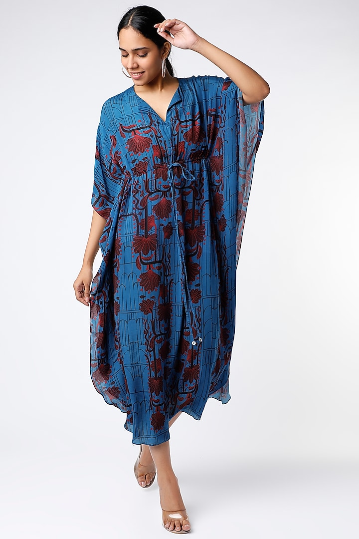 Blue Printed Kaftan Dress by Nautanky By Nilesh Parashar