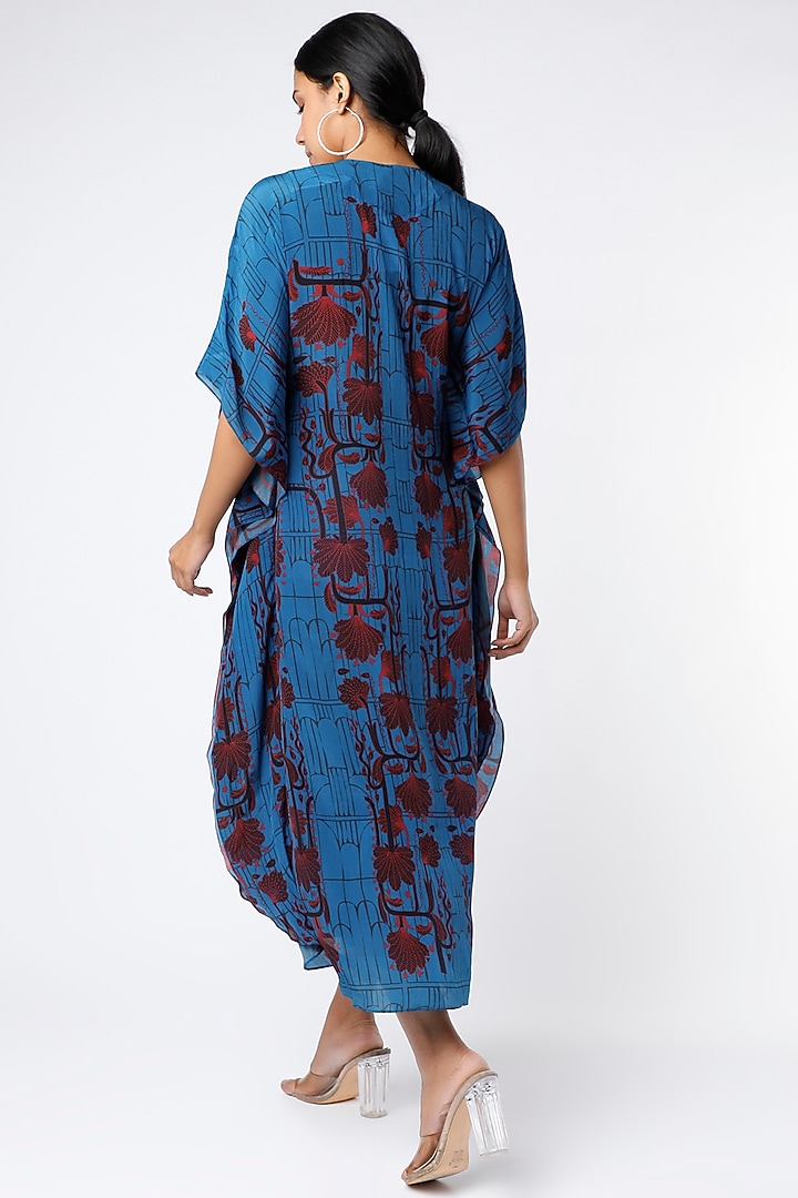 Blue Printed Kaftan Dress by Nautanky By Nilesh Parashar at Pernia's Pop Up Shop