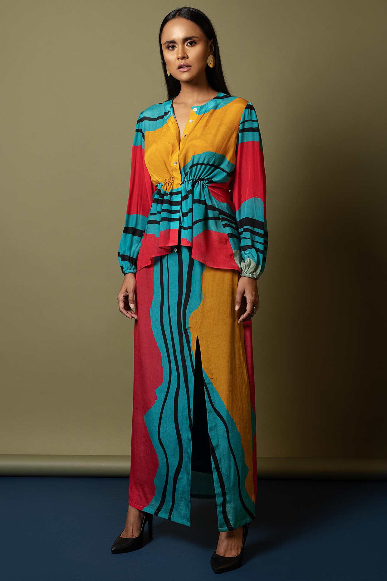 Multi Colored Natural Crepe Skirt Set by Nautanky By Nilesh Parashar at Pernia's Pop Up Shop
