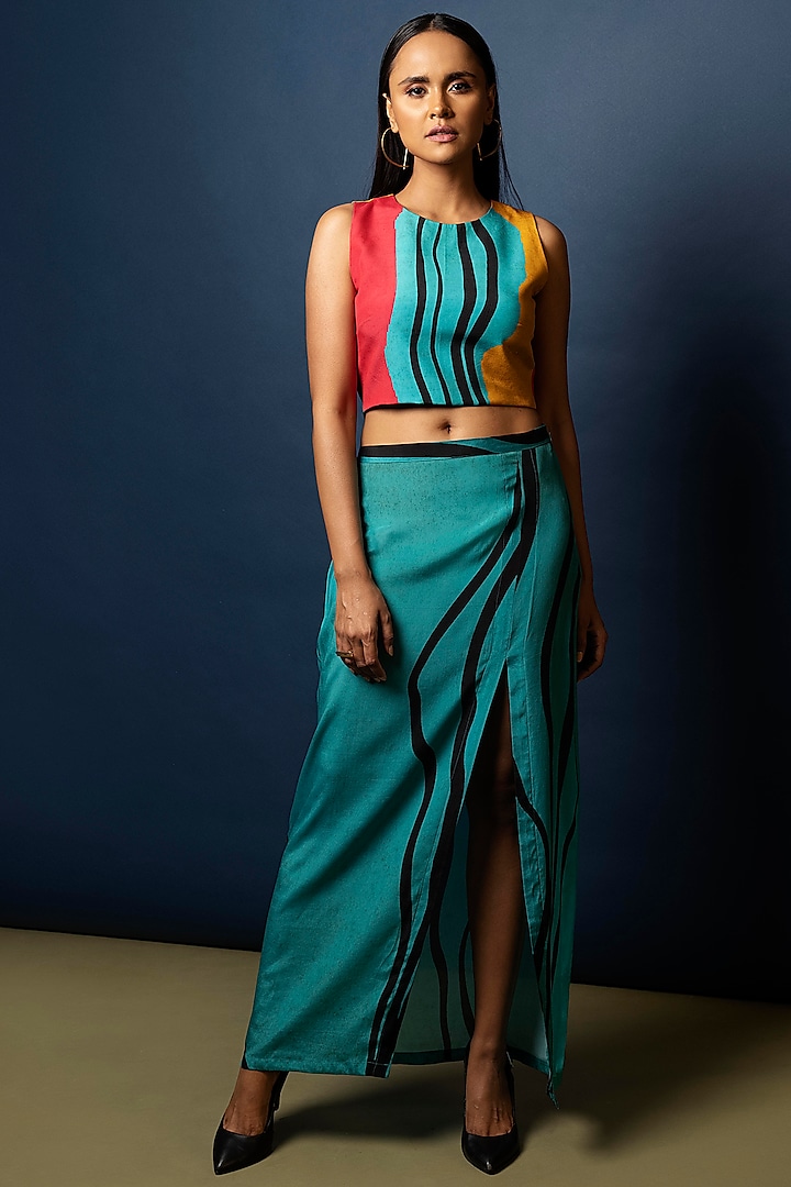 Multi Colored Natural Crepe Skirt Set by Nautanky By Nilesh Parashar
