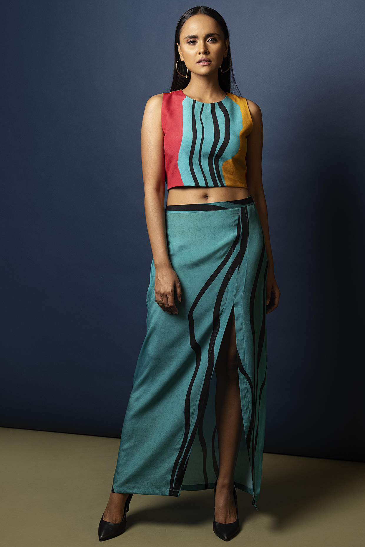 Multi Colored Natural Crepe Skirt Set by Nautanky By Nilesh Parashar at Pernia's Pop Up Shop