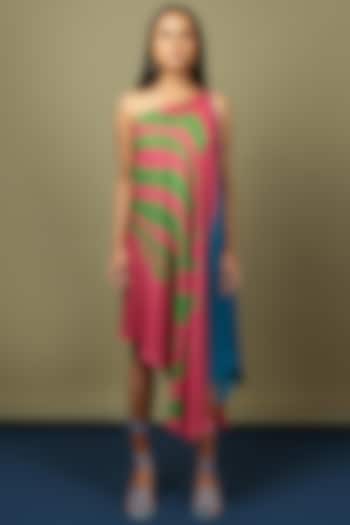 Hot Pink & Fluorescent Green Draped Dress by Nautanky By Nilesh Parashar
