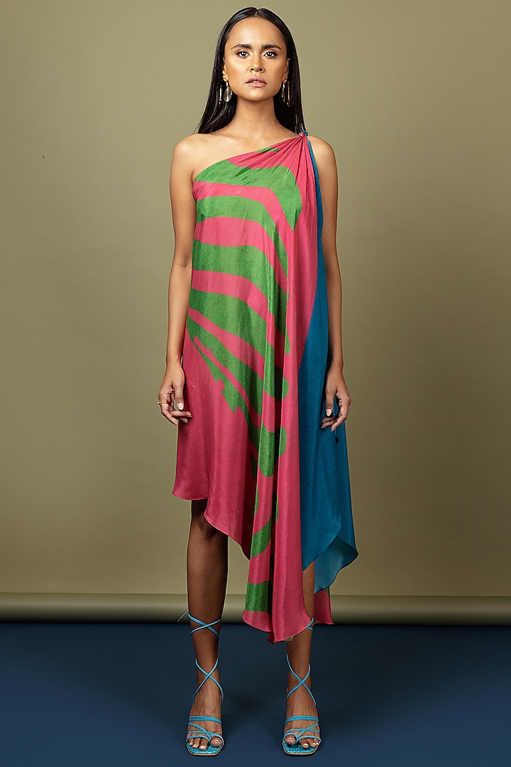 Hot Pink & Fluorescent Green Draped Dress by Nautanky By Nilesh Parashar