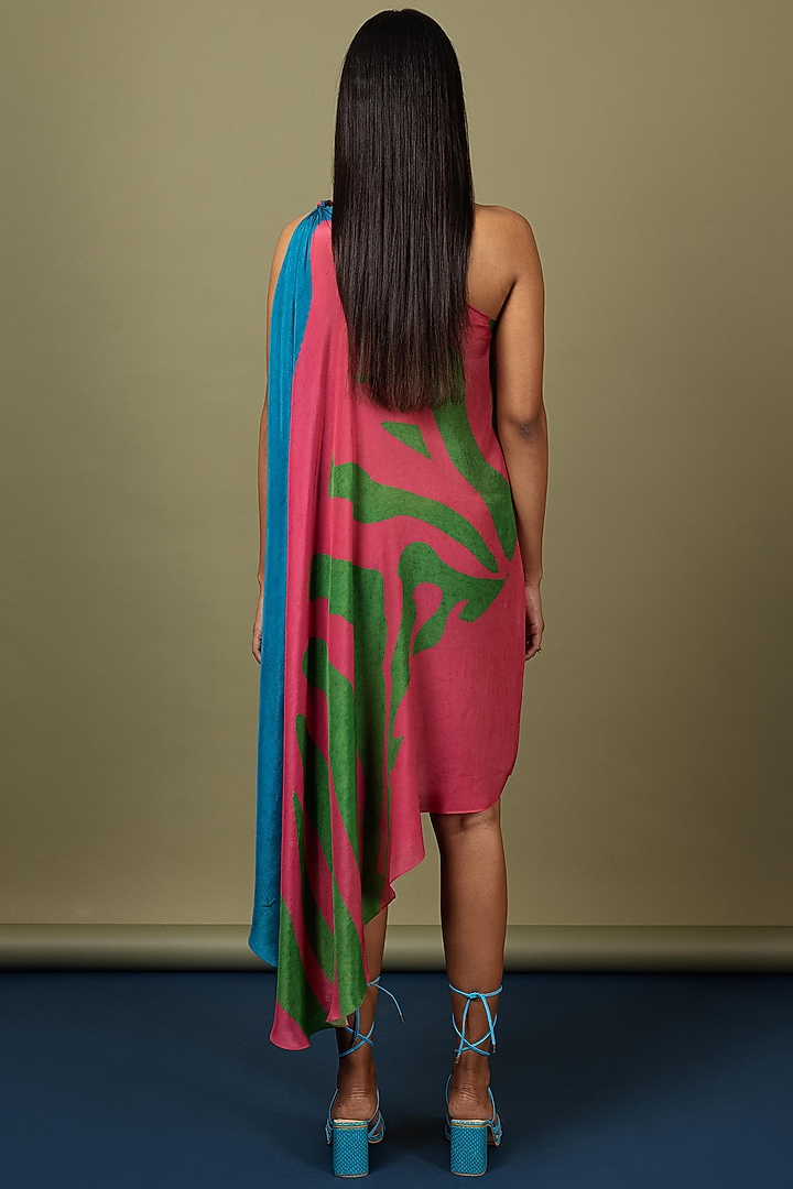 Hot Pink & Fluorescent Green Draped Vacation Dress by Nautanky By Nilesh Parashar at Pernia's Pop Up Shop