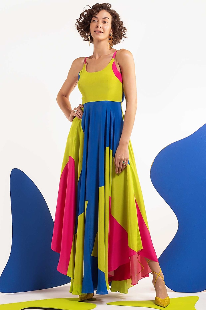 Multi-Colored Natural Crepe Maxi Dress by Nautanky By Nilesh Parashar