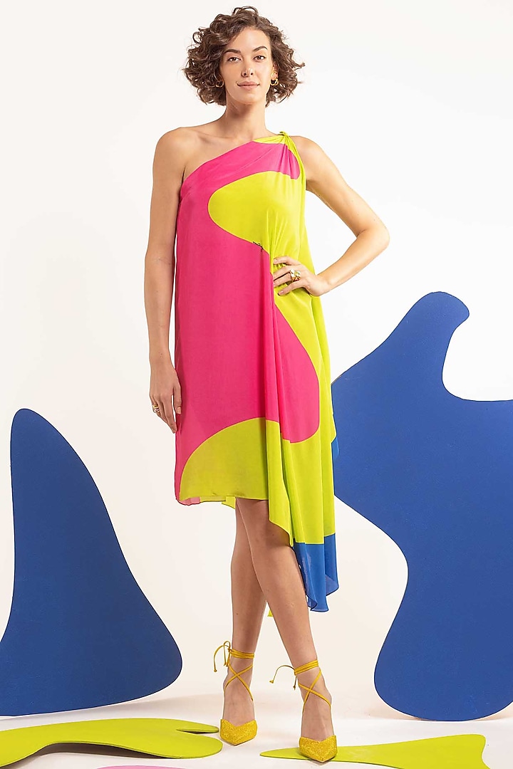 Multi-Colored Natural Crepe Draped Dress by Nautanky By Nilesh Parashar