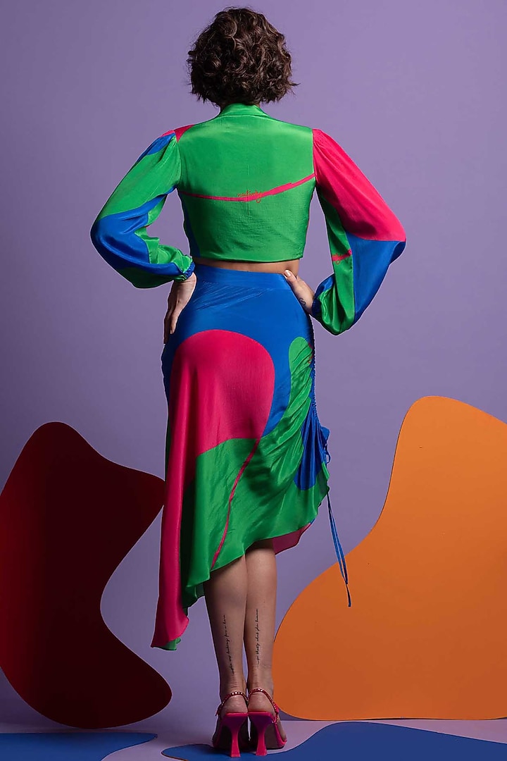 Multi-Colored Natural Crepe Ruched Skirt Set by Nautanky By Nilesh Parashar at Pernia's Pop Up Shop