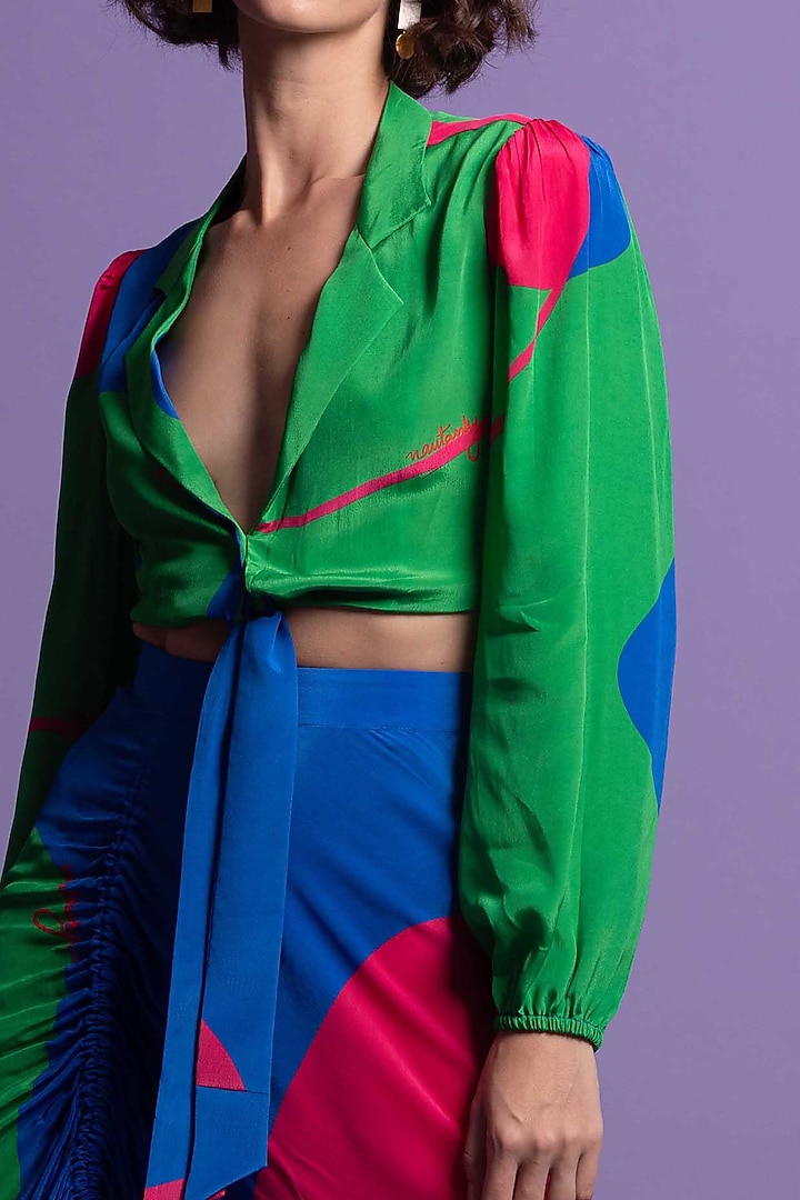 Multi-Colored Natural Crepe Ruched Skirt Set by Nautanky By Nilesh Parashar at Pernia's Pop Up Shop