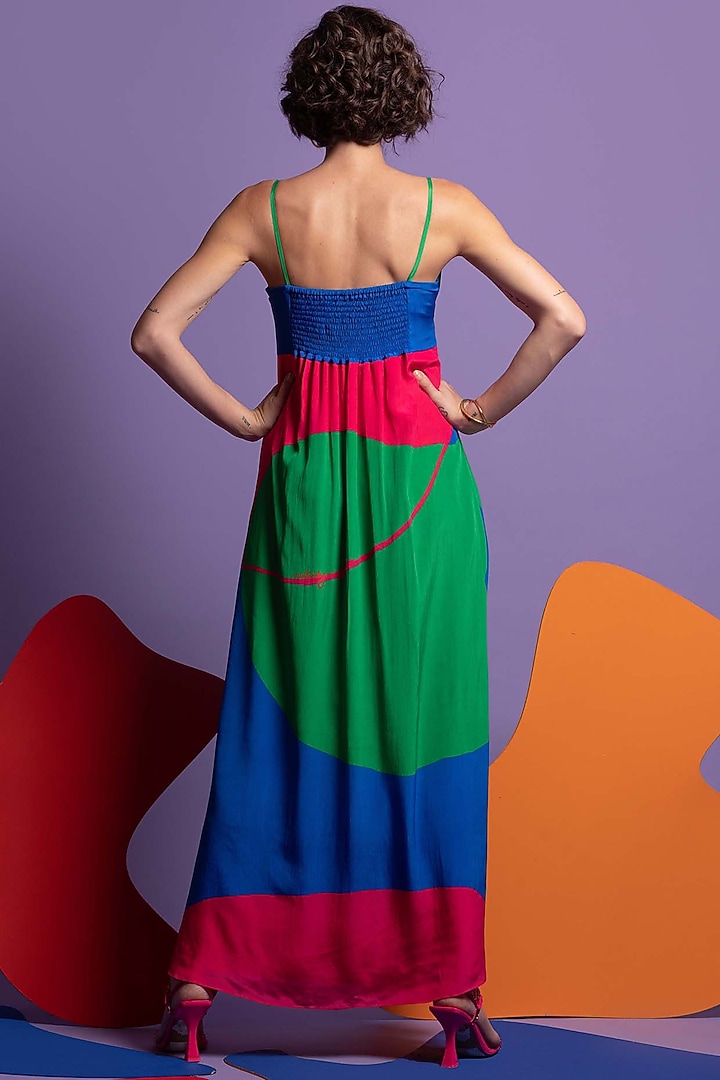 Multi-Colored Natural Crepe Smocked Maxi Vacation Dress by Nautanky By Nilesh Parashar at Pernia's Pop Up Shop